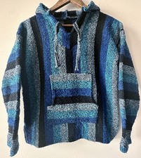 Artesanias Blue Baja Hoodie Youth M Vintage Striped Hippie Surf Pullover GUC