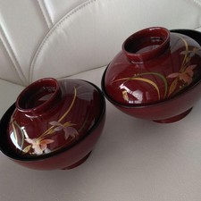 Aizu Lacquer Kyo-Style Soup Bowls – Set of 2, Floral & Trellis Motif