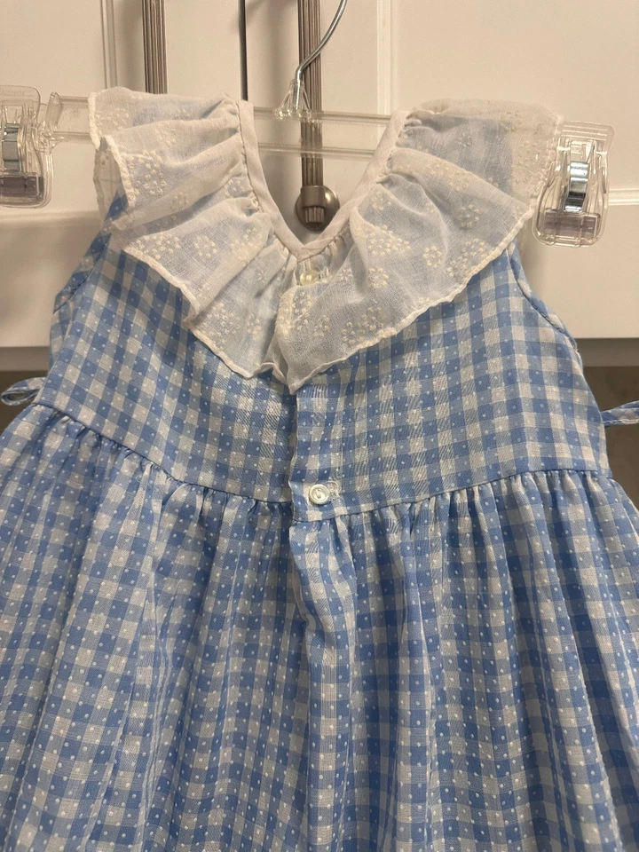 Vtg Nannette Girls Dress Long gingham lace collar apron Toddler Size 4T 1970s - Изображение 2 из 4