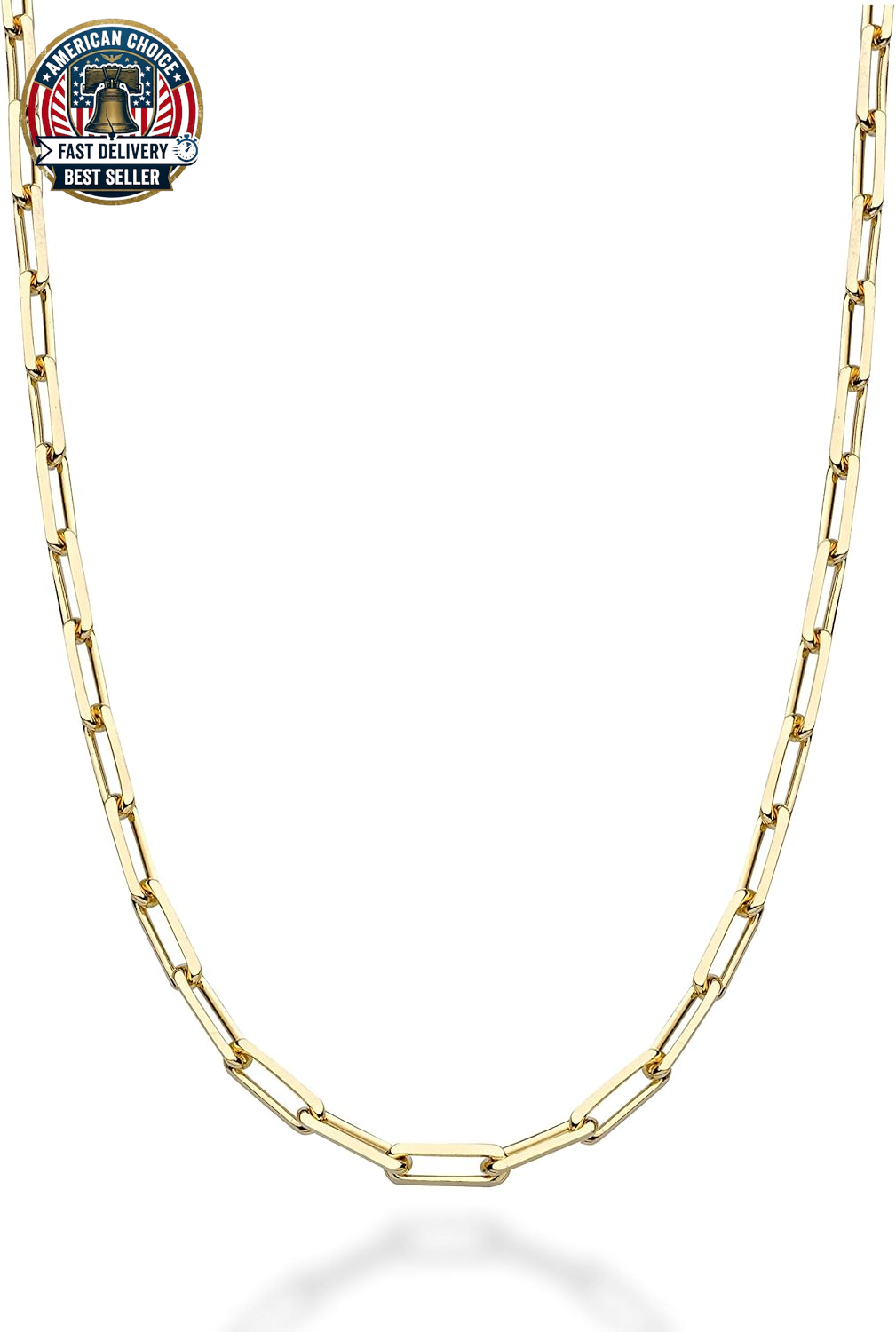 Italian Solid 925 Sterling Silver, 18Kt Gold Plated 3Mm Paperclip Link Chain Nec