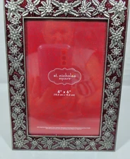 St Nicholas Square 4"x 6" Holiday Silver Poinsettias & Red Glitter Pic Frame