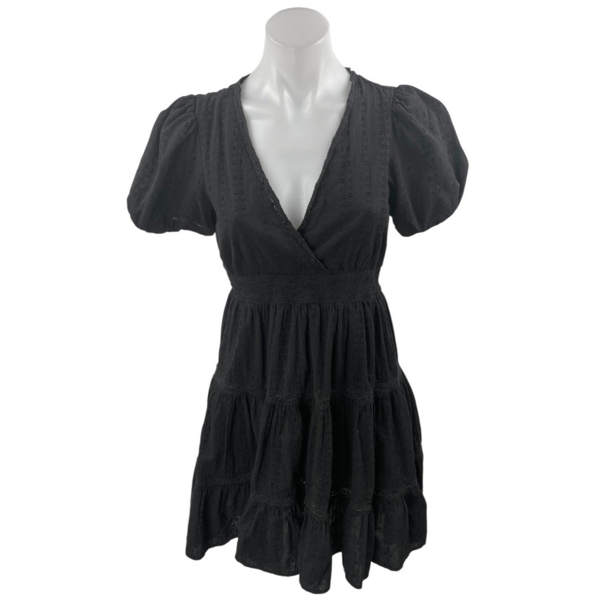 Zara Black Embroidered V-Neck Short Puff Sleeve Tiered Mini Fit & Flare Dress XS Zara Black Embroidered V-Neck Short Puff Sleeve Tiered Mini Fit & Flare Dress XS