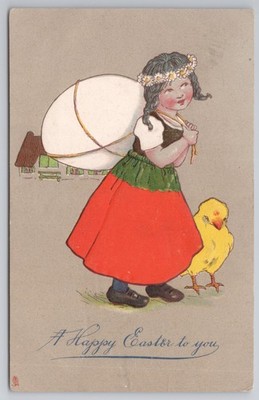 Ostergruß Mädchen trägt großes Ei Küken stecken Kunst Postkarte 1908