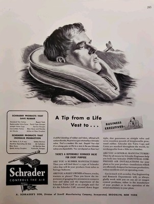 1944 Schrader Dependable Valve Print Ad - Modern Life Vest Pilot Downed Aircraft