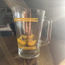 Crisa Vintage Lemonade Pitcher Glass Lemons Yellow Striped Marked Made in Mexico