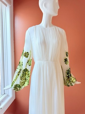 Valentino 2020 Chiffon White Maxi Dress Green Sequin | eBay