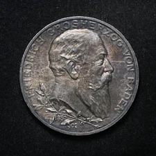 1902 German States Baden 5 Mark .900 Silver BU++ (cn15881)