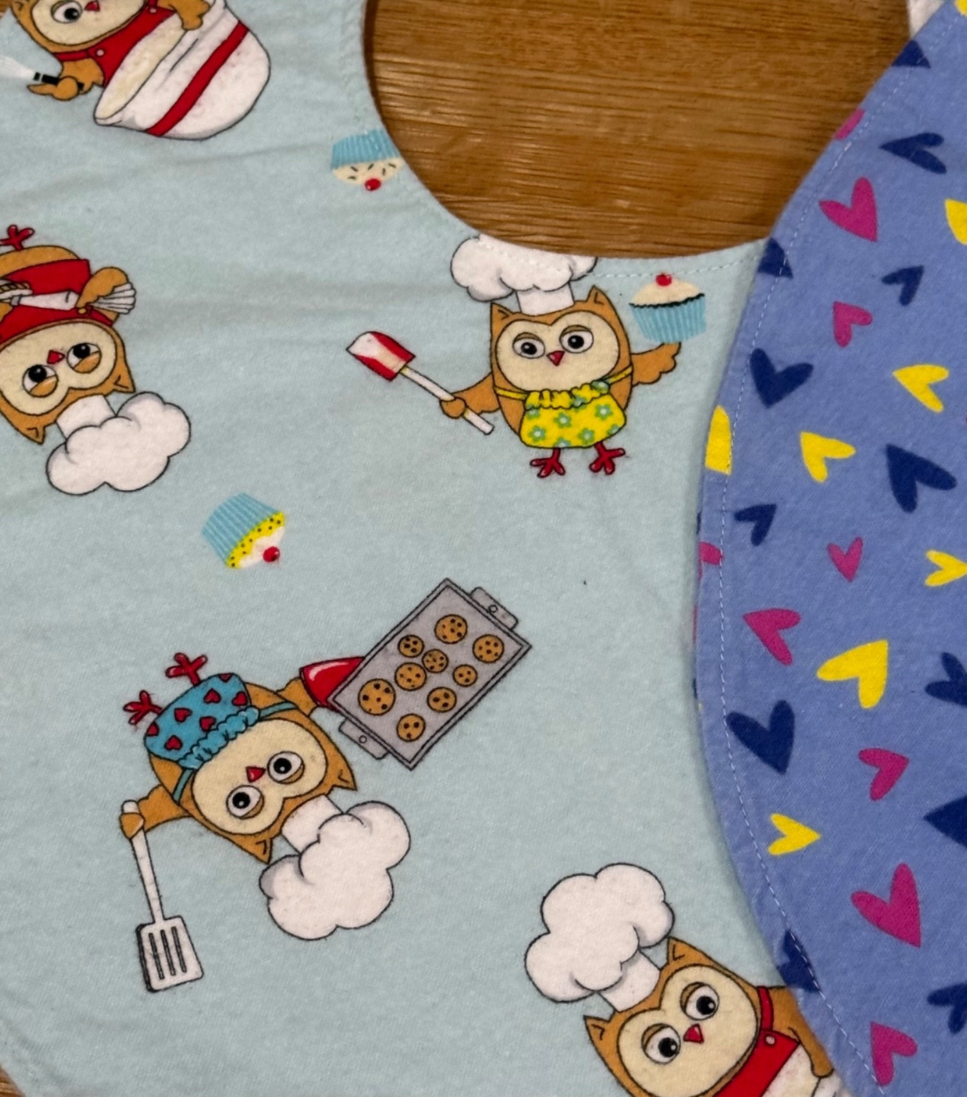 2 HANDMADE LARGE TODDLER SMALL ADULT BIBS - HEARTS AND COOKING OWL PATTERN