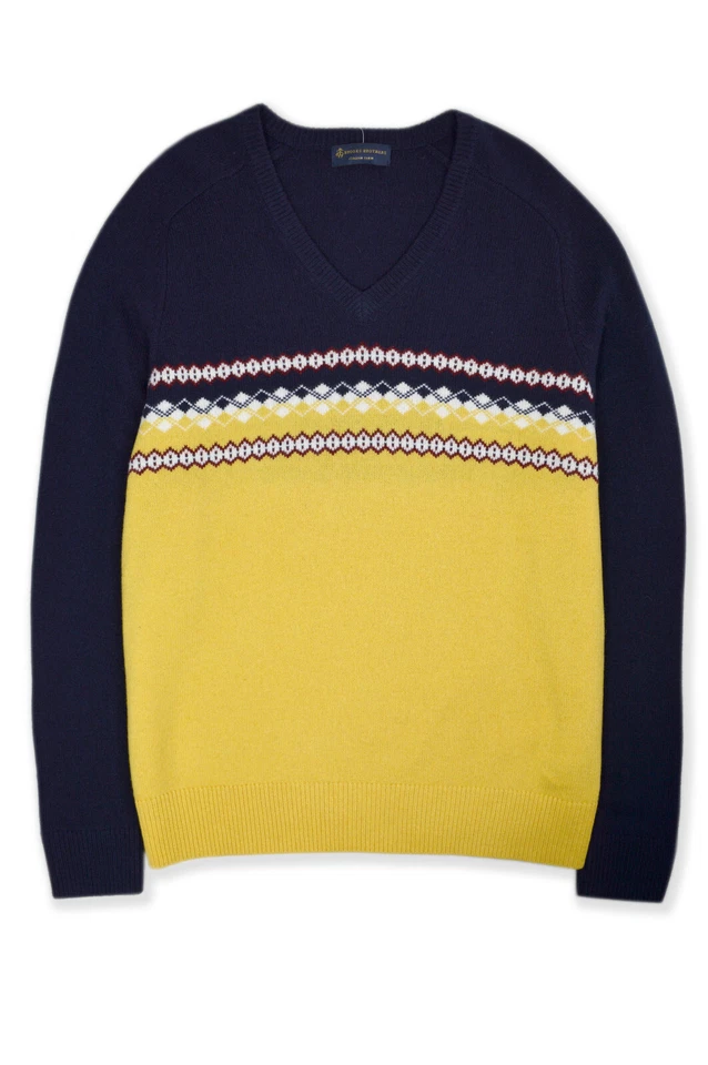 Suéter de lana tejido Fair Isle amarillo azul Brooks Brothers para hombre, XL XLarge 8232-10 Foto 2 de 2