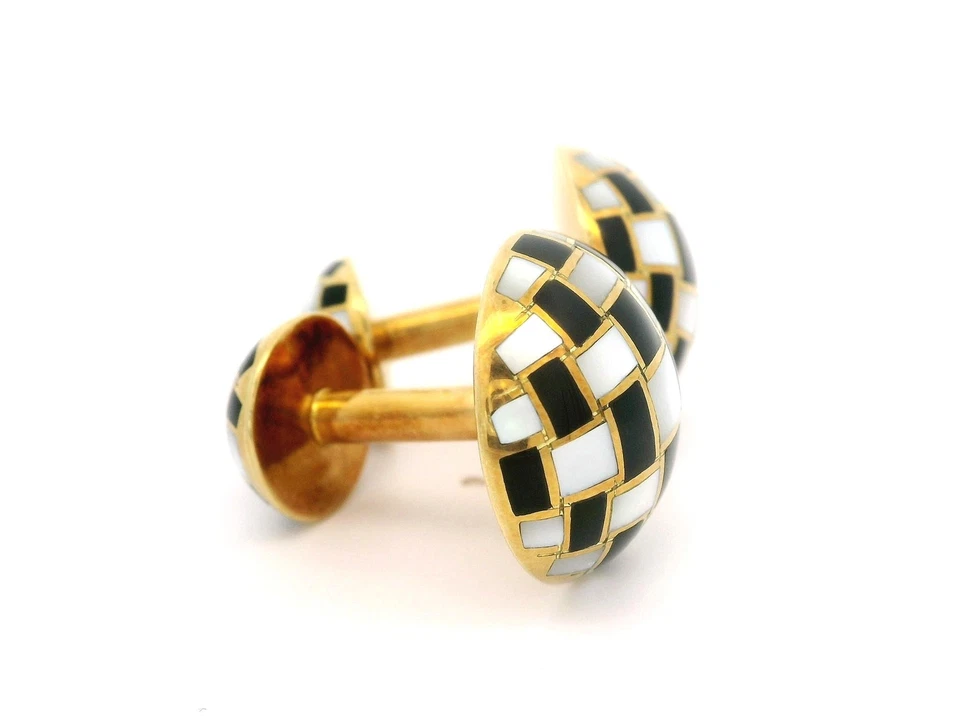 Abotoaduras redondas vintage Tiffany & Co quadriculado incrustado de ouro 18k esfregão ônix preto - Imagem 4 de 4