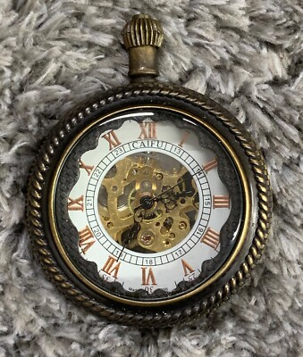 CAIFU Vintage Skeleton Pocket Watch Hand Wind Flower Design Runs Great!  - Main Image