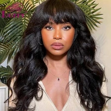 200 Density Yaki Wavy Wig With Bangs Machine Made Scalp Top Wig Human Hair 22In