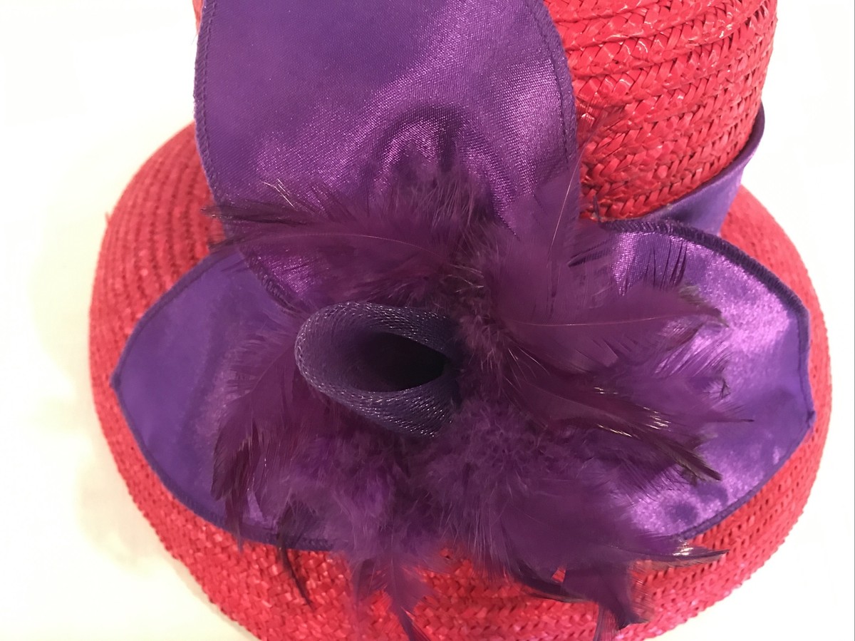 Red Wide Brim Straw With Purp Satin / Feather Formal Church 