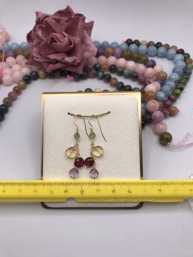 14k Multi Gemstone Earrings Coin Briolette Peridot Citrine Garnet Handmade - Picture 11 of 13
