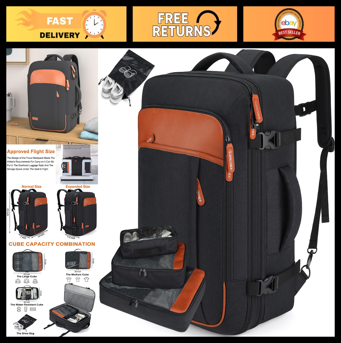 Extra Large 40L Travel Backpack - Flight Approved, Expandable, Water  Resistant, | eBay