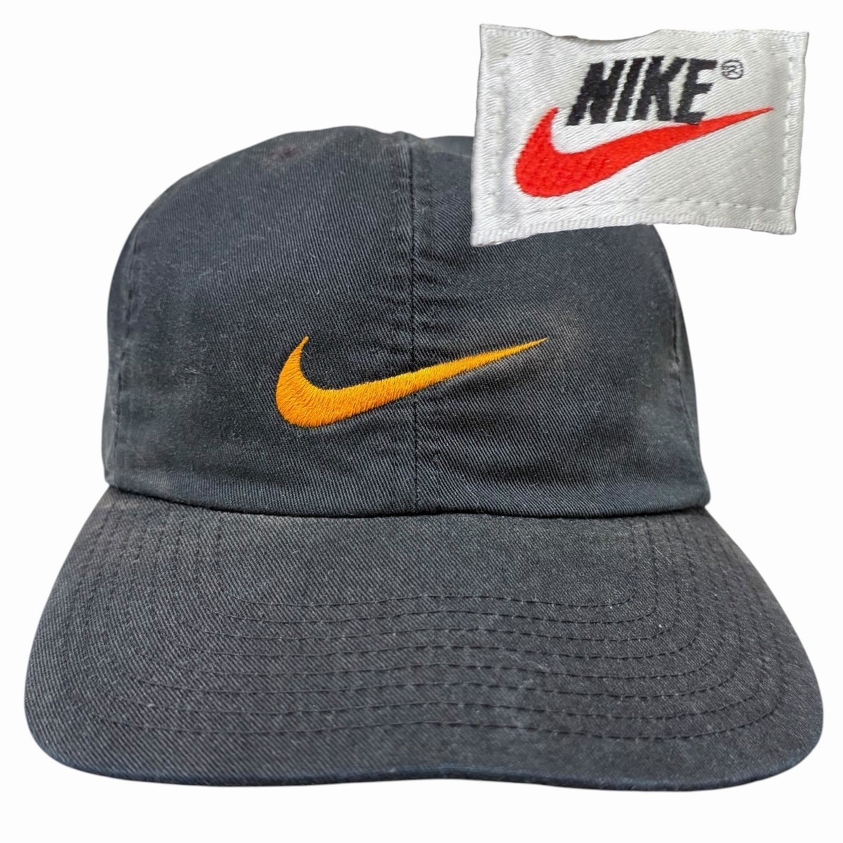 NIKE ナイキ　80s 90s ビンテージ　キャップ Vintage Nike Swoosh Faded Black Strap back Hat Orange Logo 90s Cap