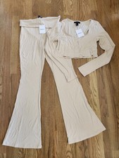 NEW 2 Piece Set Modal Cropped Cardigan Top Pant Outfit L Large Lounge Forever 21