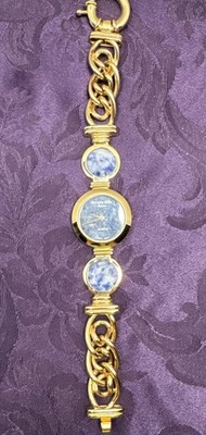Beverly Hills Collection Womens Gold Tone Chain Watch Blue Marble Face Y2 Works