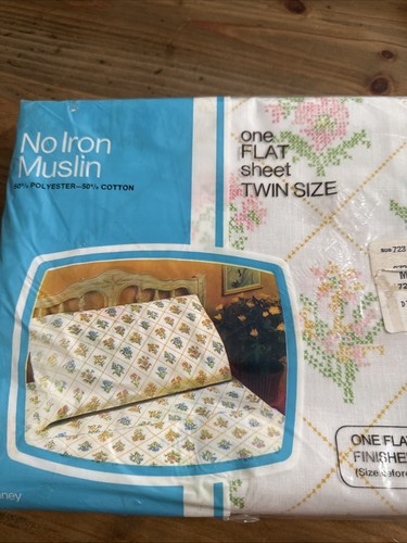 New Vintage JC Penney No Iron Muslin One Flat Sheet Twin Size Floral NIP 66x99 - Picture 2 of 5