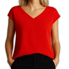 Pleione Women’s Blouse Red Chiffon Cap Sleeve Relaxed Fit V Neck Size XS
