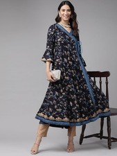 Indian Women Blue Rayon Golden Printed Angrakha A-Line Kurta Kurti Long Dress