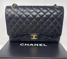 Auth Chanel Classic Quilted Double Flap Black Caviar Leather Maxi Gold HW COA