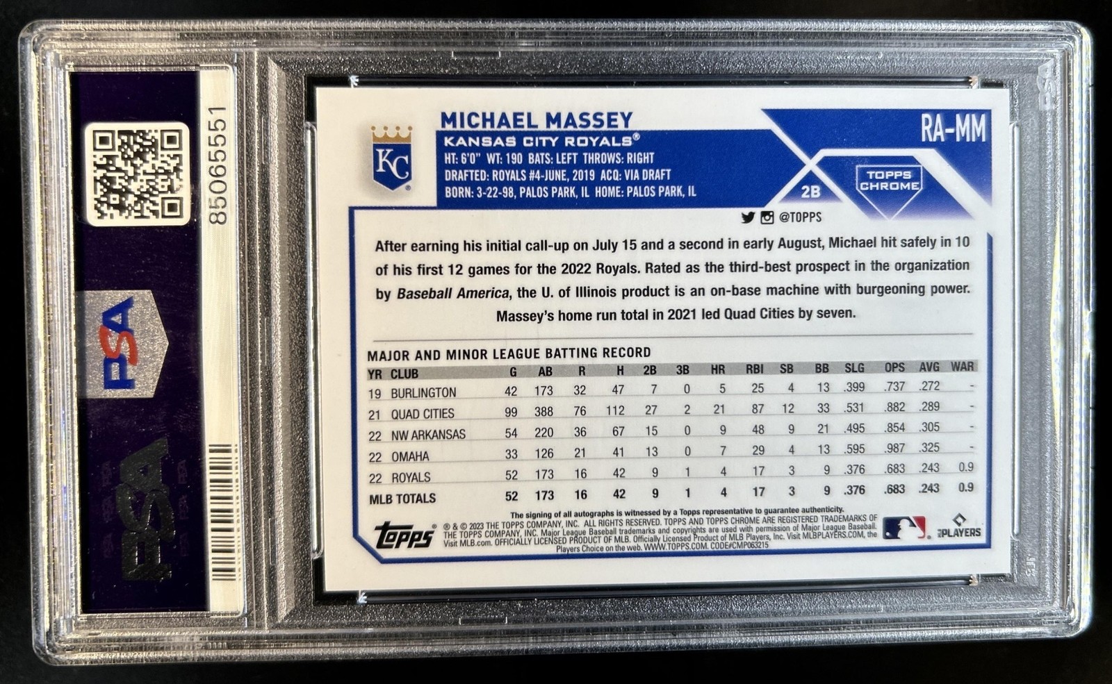 2023 Topps Chrome Michael Massey Rookie Auto Orange Wave Refractor #/25 PSA 10 view 2