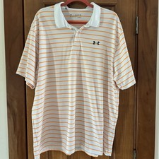 Under Armour Golf Polo Top Men  s XXL 2X HeatGear White Orange Stripe Loose Fit