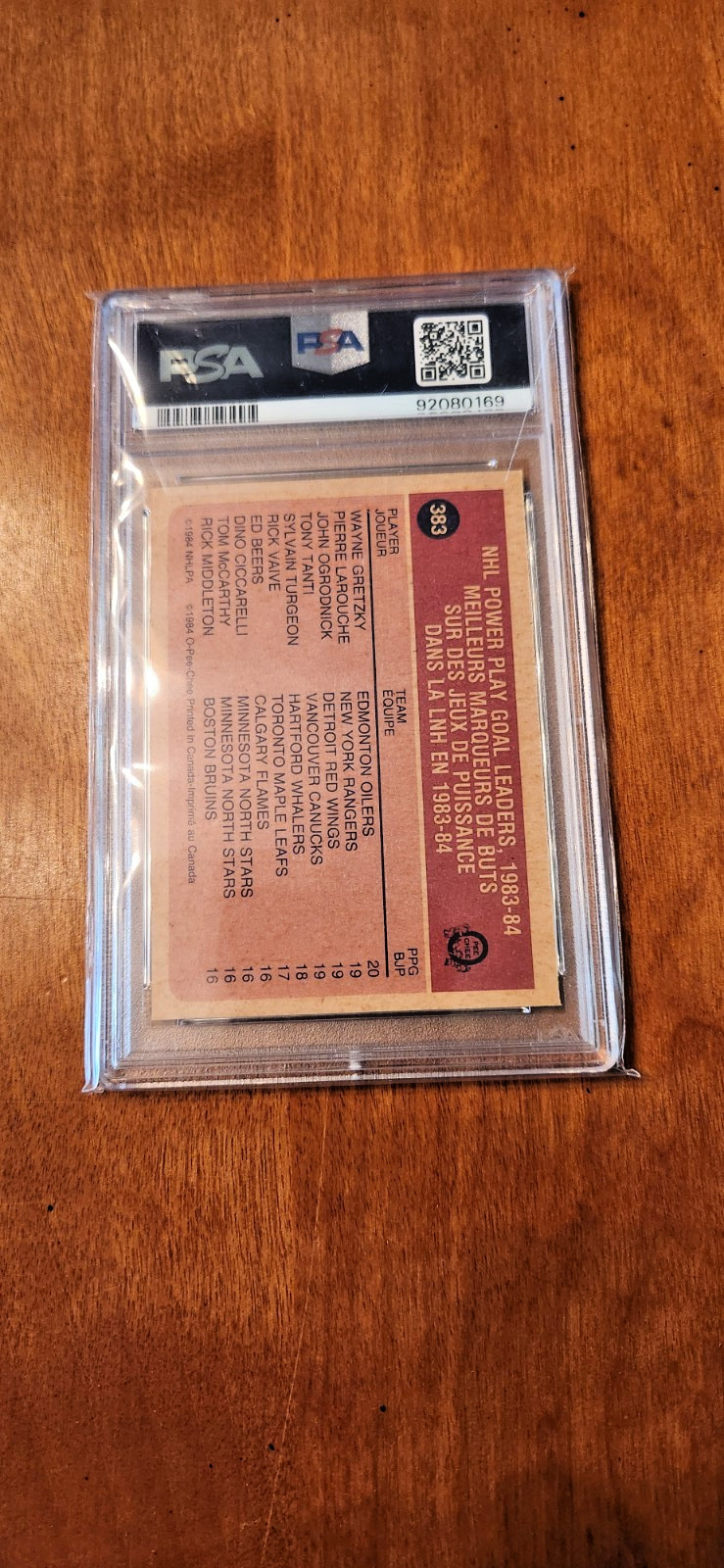 1984-85 O-PEE-CHEE WAYNE GRETZKY #383 PP GOAL LEADER PSA 9 MINT (Cert #92080169) view 6