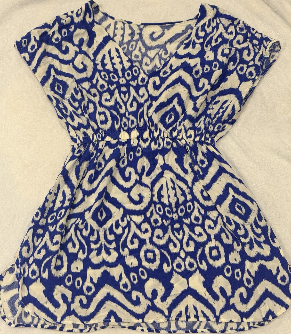 CUPSHE Women's Blue White Geometric V-Neck Cap Sleeve Mini Dress Elastic Waist S