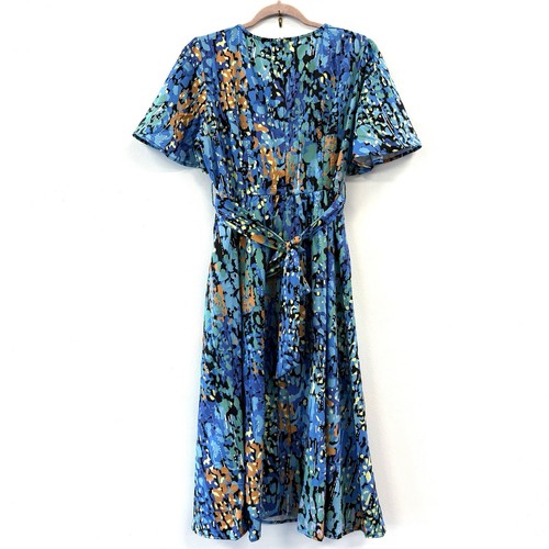 NWOT! Womens Dress Size XL Colorful Blue Abstract Sash Tie Crossover Front Zip - Picture 3 of 13