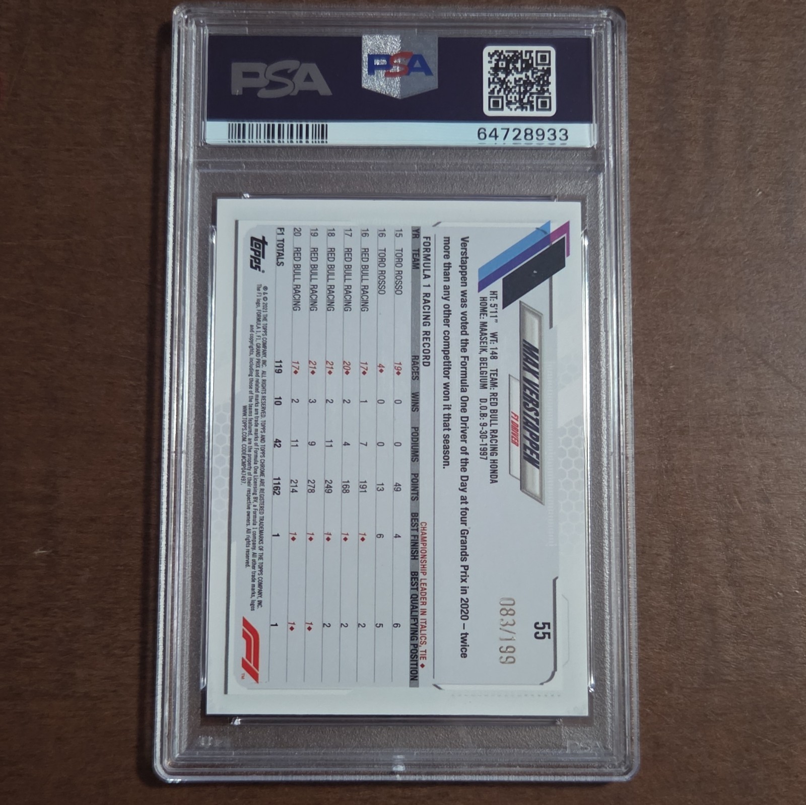 Topps 2021 Chrome F1 Max Verstappen #55 Purple Checker Flag /199 PSA 9 64728933 view 2