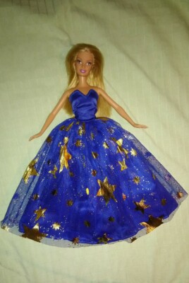 Barbie Puppen Braut Kleid Prinzessin Glitzer Hochzeitskleid Blau + Sterne #F