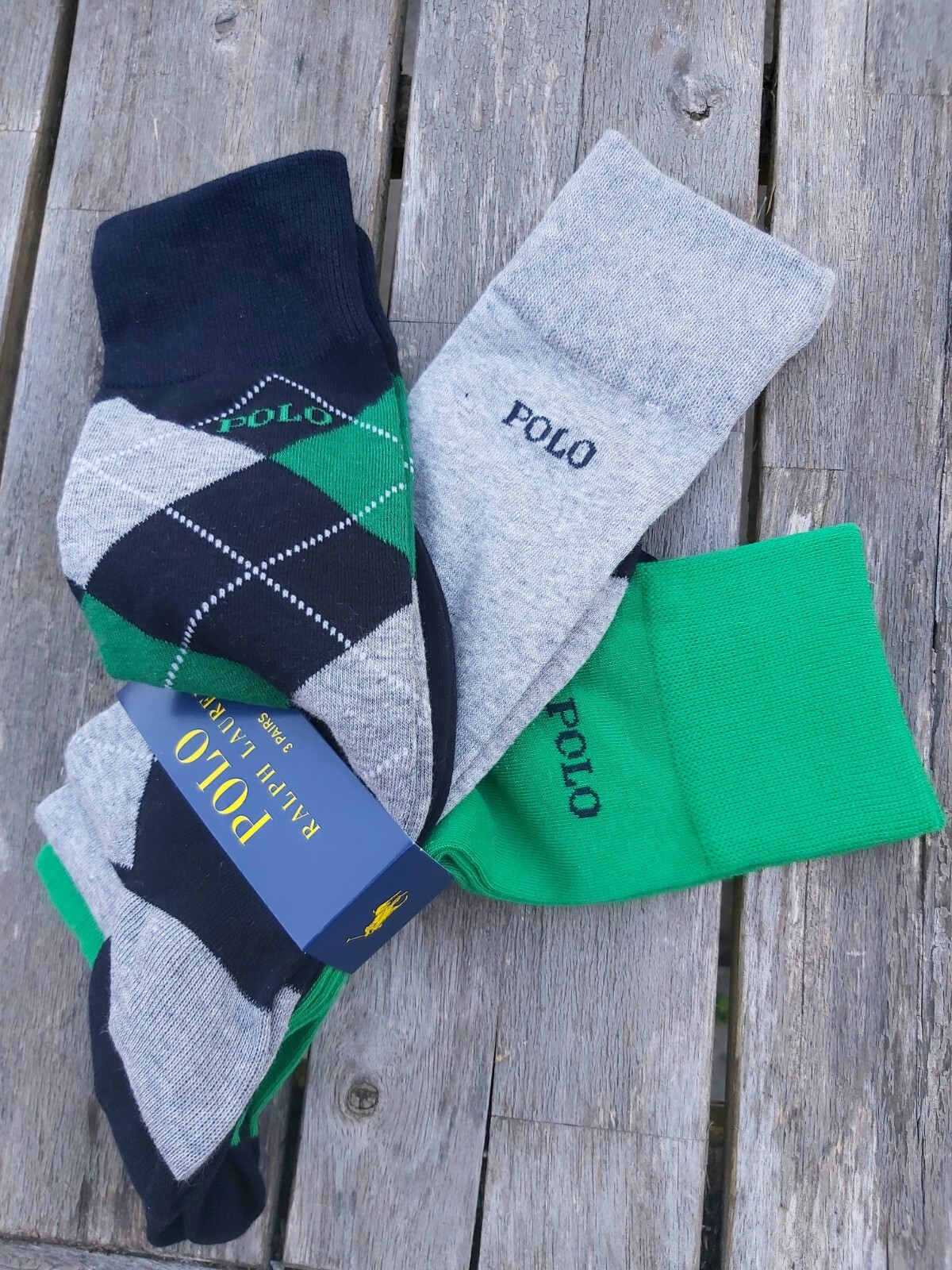 GENUINE 3 PAIRS : POLO RALPH LAUREN Navy & Green Argyle  / Grey /Green SOCKS RL4