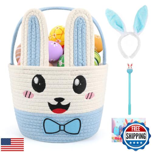 Easter Bunny Basket for Kids, Large Capacity Easter Egg Fillable Basket with