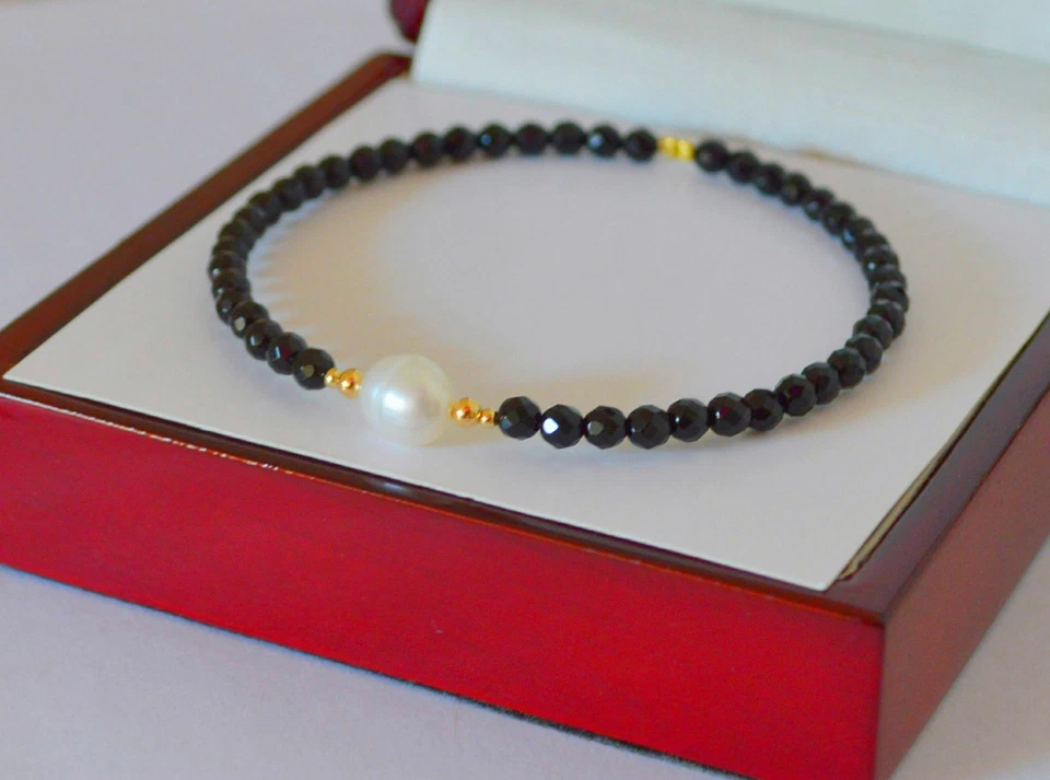 Natural Faceted Black Spinel South Sea Pearl 14K Yellow Gold Bangle Bracelet - Image 3 of 4