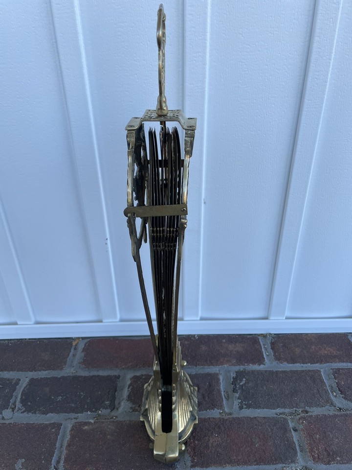 Vtg Fireplace Folding Fan Screen Polished Brass Peacock Cameo Art Deco