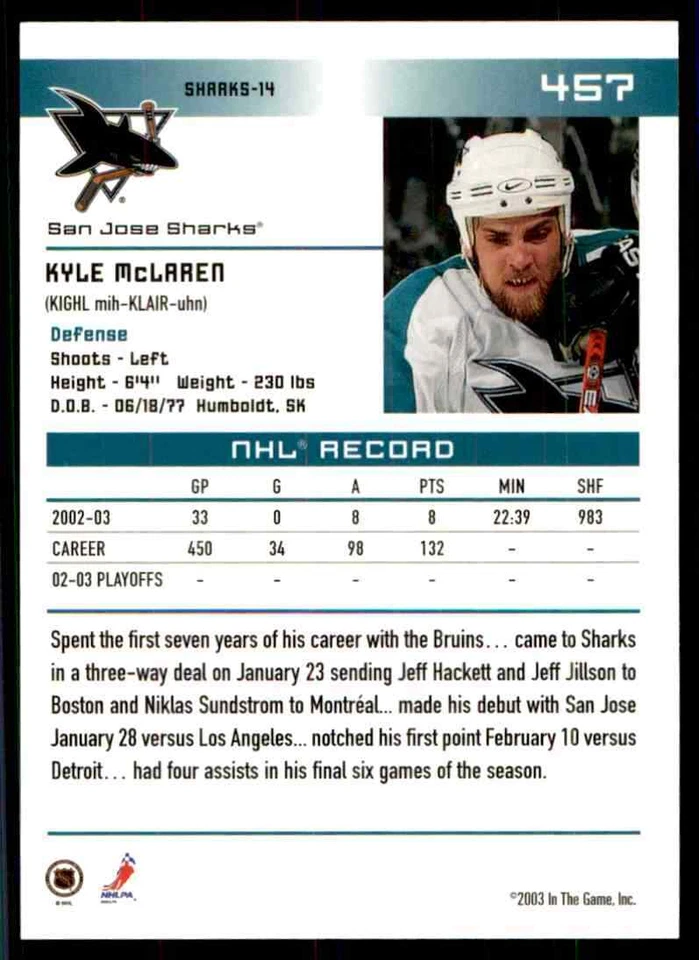 2003-04 In The Game Action Kyle McLaren #457 - Image 2 of 2
