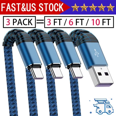 3Pack Braided USB C Type-C Fast Charging Data SYNC Charger Cable Cord 3/6/10FT