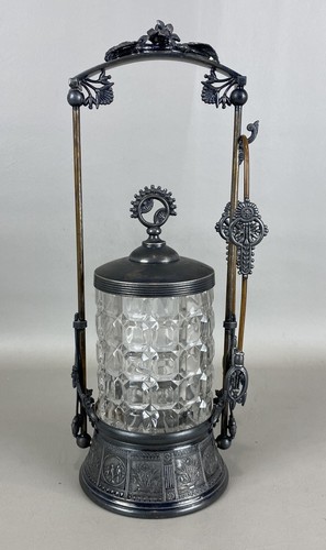 Antique Victorian Meriden Silver Plate Pickle Castor Jar, Complete w/ Tongs