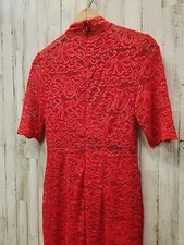 Express Women 8 Dress Red Lace Mock Neck Sheer Stretch Midi Pencil Holiday Party