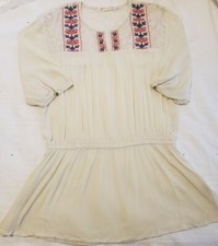 Lace Blouse Shirt Dress Medium Women Cream Red Blue Floral Embroidery Boho Pepl
