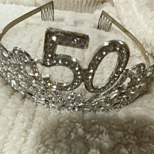 Silver Metal Rhinestone 50 Birthday Tiara Crown Headband, One Size Women