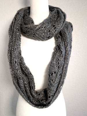 Gray Open Knit Sparkle Infinity Loop Scarf Lightweight Soft Neutral