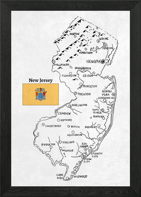 Hand Drawn map of New Jersey Framed Wall Art Poster Canvas Print Picture