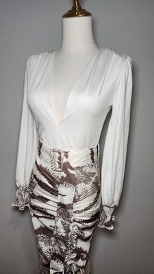 Women's V-Neck Maxi Dress Slit Drawstring Graphic Print Belted Casual Size M