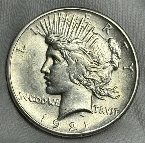 AU 1921 Peace Dollar (very lightly cleaned), U.S. Silver Type Coin High Relief