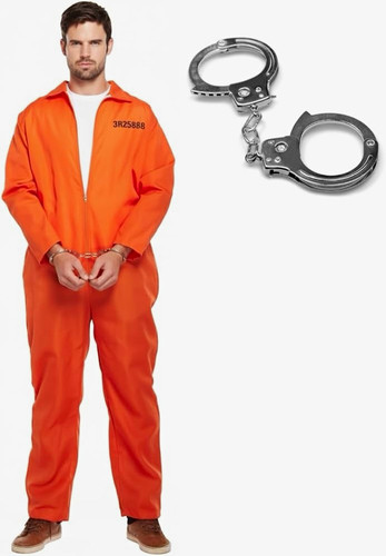 Men's Orange Convict Prisoner Inmate Jumpsuit Costume w/ Handcuffs, L