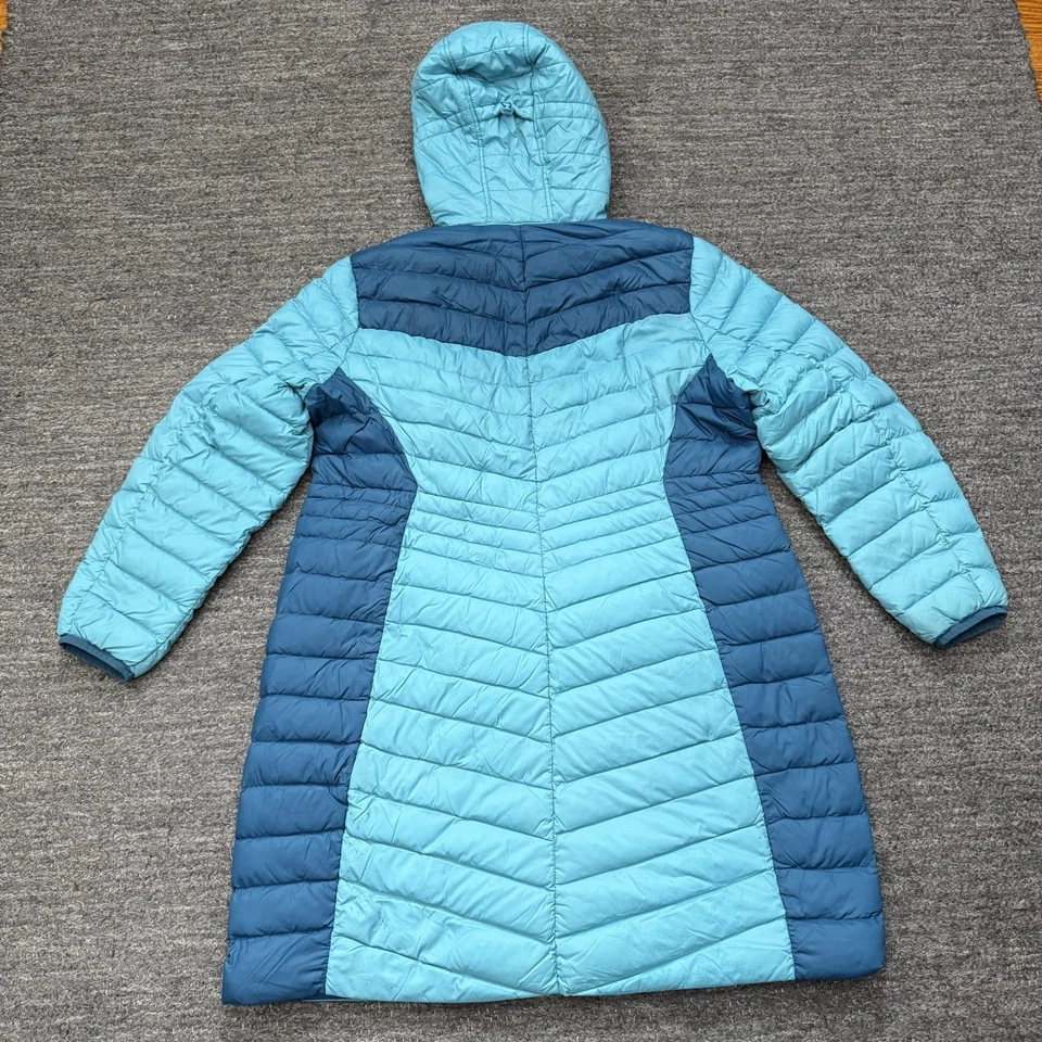 Lands End Jacket Women XL Petite Blue Puffer Down Hood Midi Full Zip Logo FLAWS - Image 2 of 4