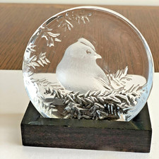 Mats Jonasson lead crystal glass bird paperweight with stand -  Tufted Titmouse